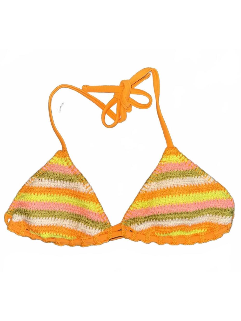 Crochet Striped Triangle Bikini Top in Orange and Pastel Colors